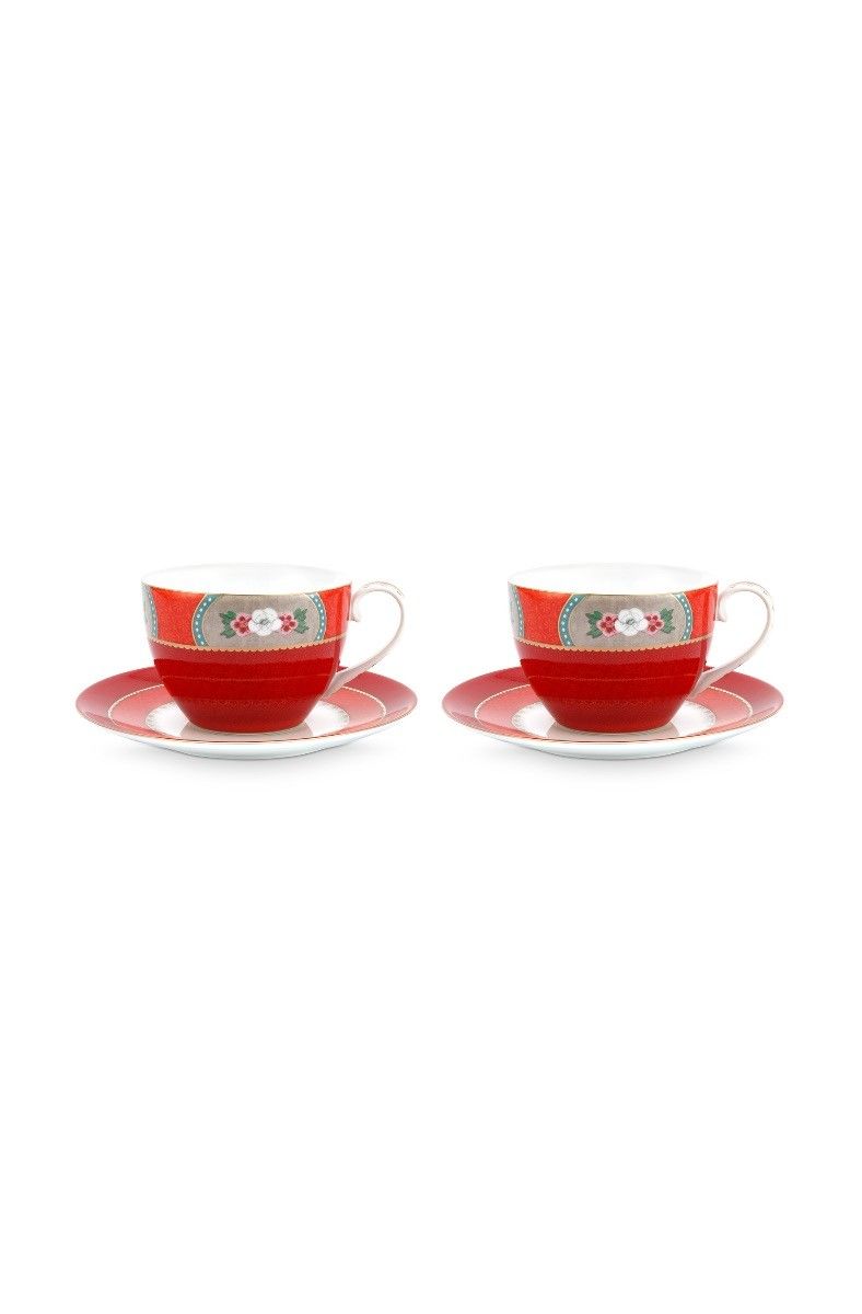 Blushing Birds Set of 2 Cappuccino Cups & Saucers Red