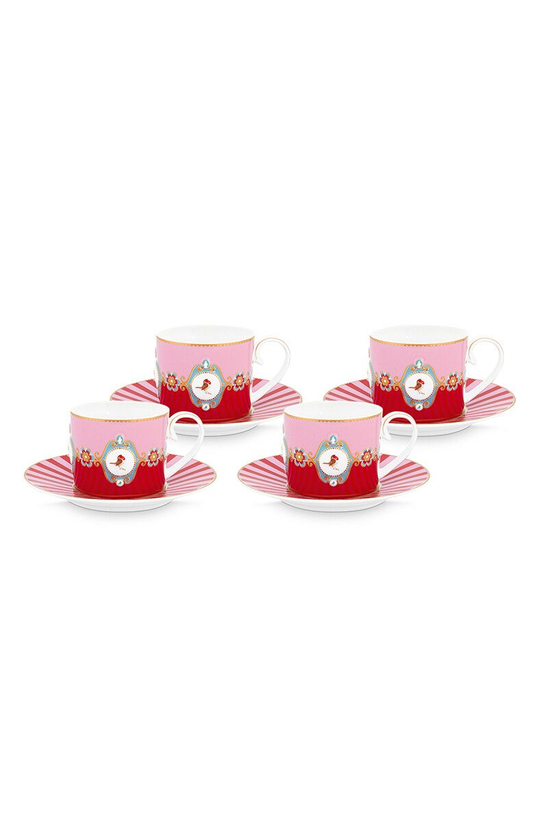 Love Birds Set/4 Tasse & Untertasse Rot/Rosa