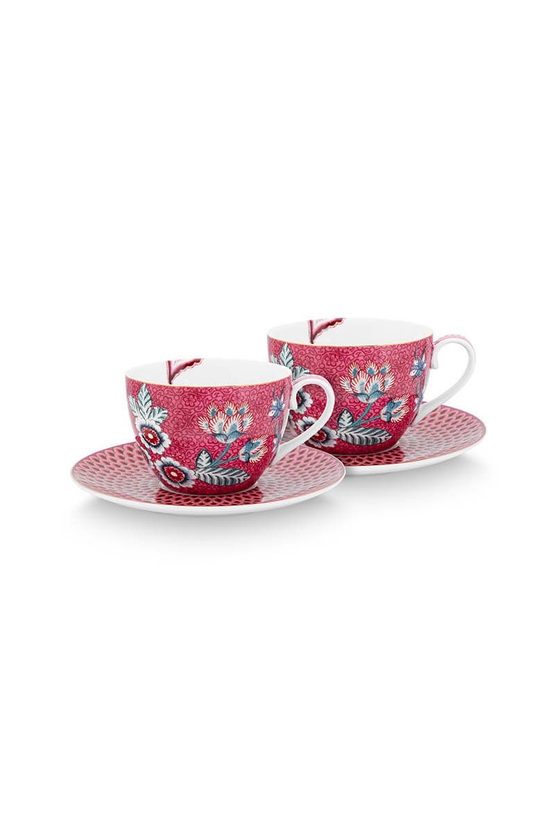 Flower Festival Set/2 Cappuccino Cup & Saucer Dark Pink