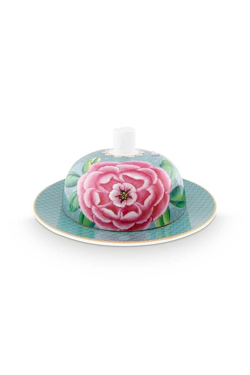 Blushing Birds Butter Dish Round Blue