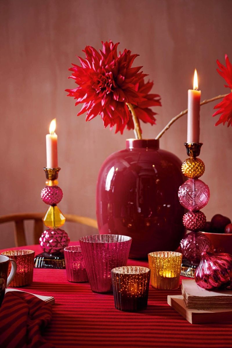 Set/4 Porte/Bougie Verre Rouge 7cm