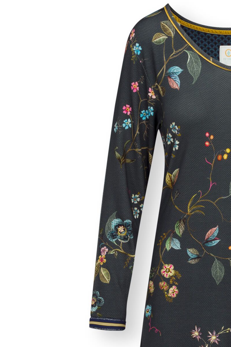 Nachthemd Lange Mouw Kawai Flower Donkerblauw