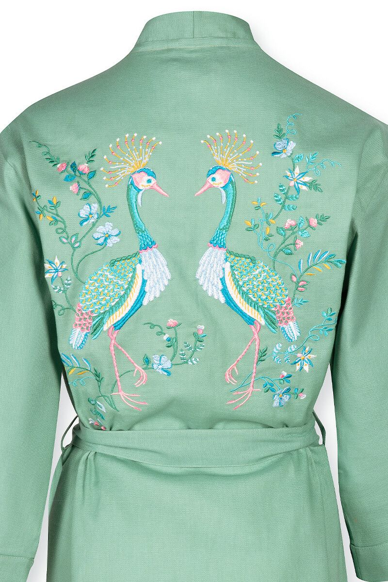 Kimono Flirting Birds Embroidery Green