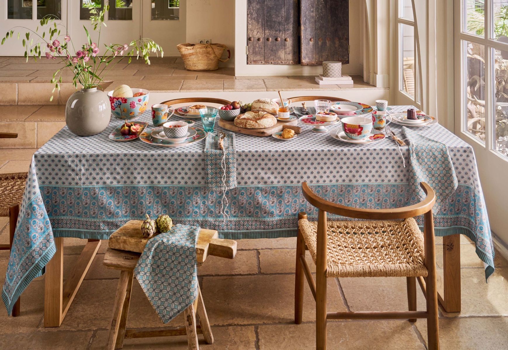 Table Cloth Blooming Tales Khaki-Blue