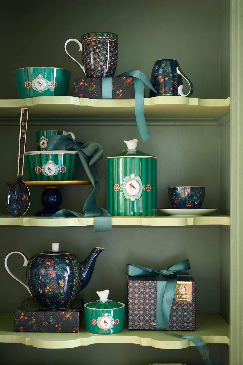 Pot de Stockage Love Birds Medallion Rayures Émeraude/Vert