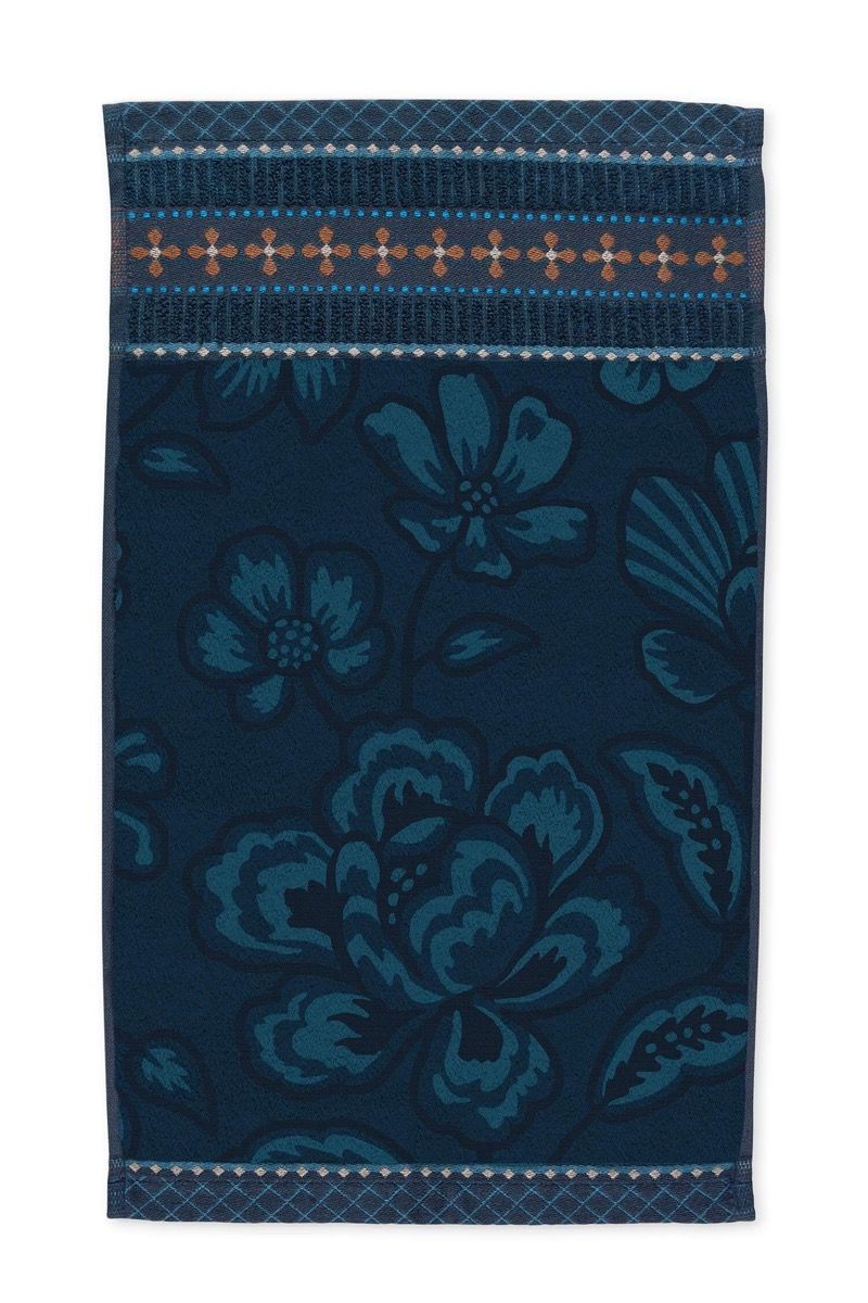Lot de 3 Serviettes Invité Jasmin Jacquard Bleu Foncé 30x50cm