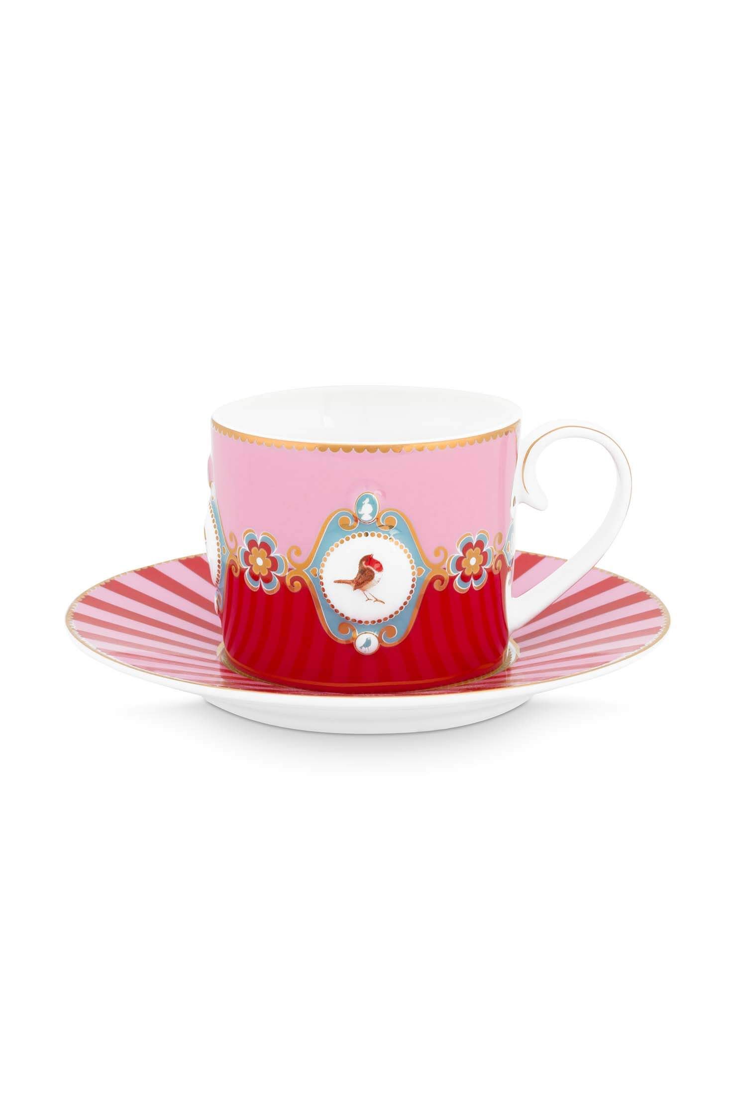 Set/2 Cups & Saucers Love Birds Medallion Red-Pink