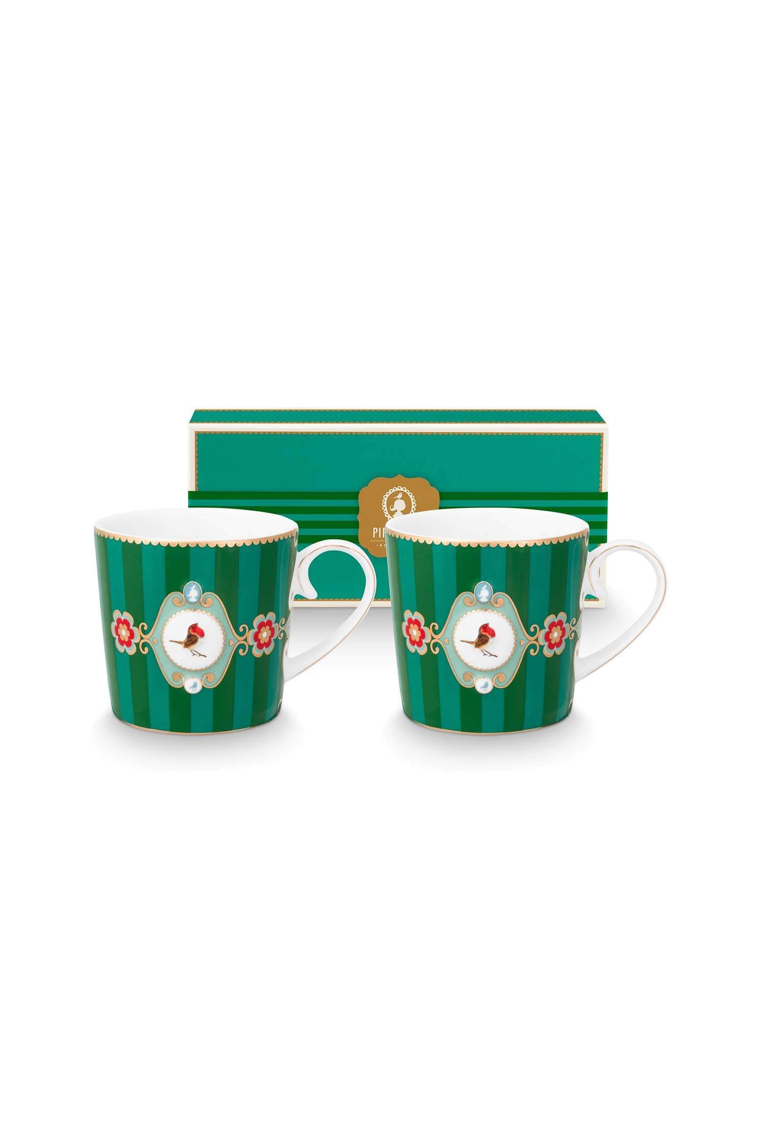 Set/2 Tasses Petite Love Birds Medallion Rayures Emerald-Vert