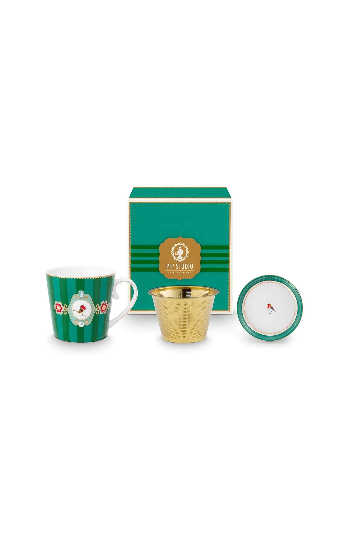 Tea for One Love Birds Medallion Stripes Emerald-Green
