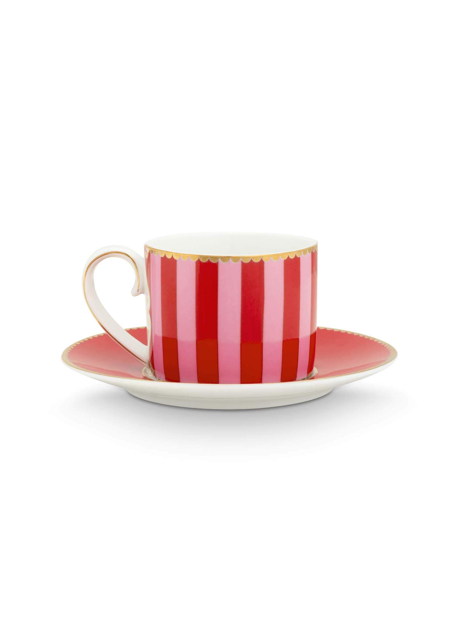 Set/2 Tasses et Soucoupes à Expresso Love Birds Rayures Rouge-Rose