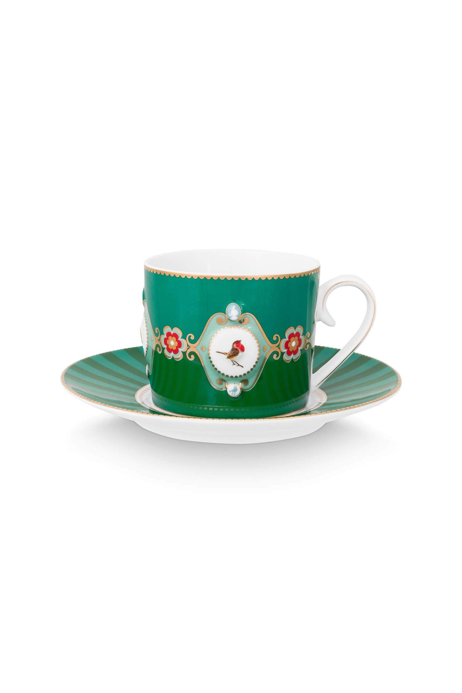 Set/2 Cups & Saucers Love Birds Medallion Emerald-Green