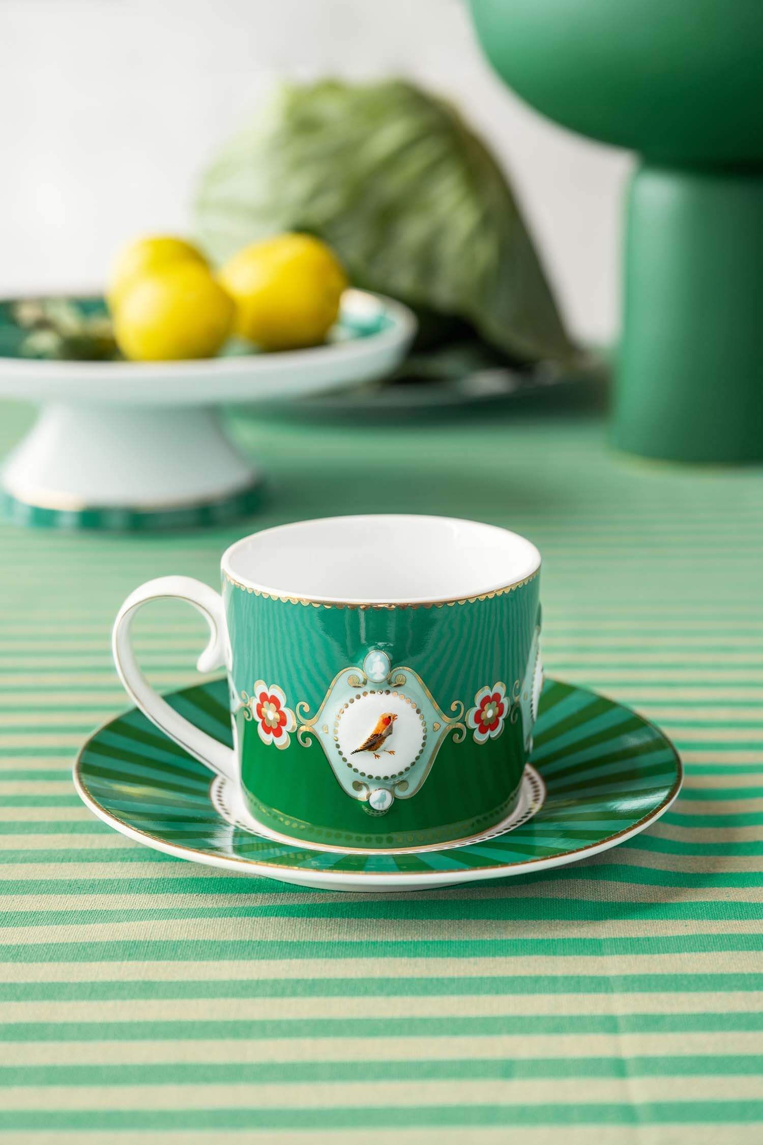 Set/2 Cups & Saucers Love Birds Medallion Emerald-Green