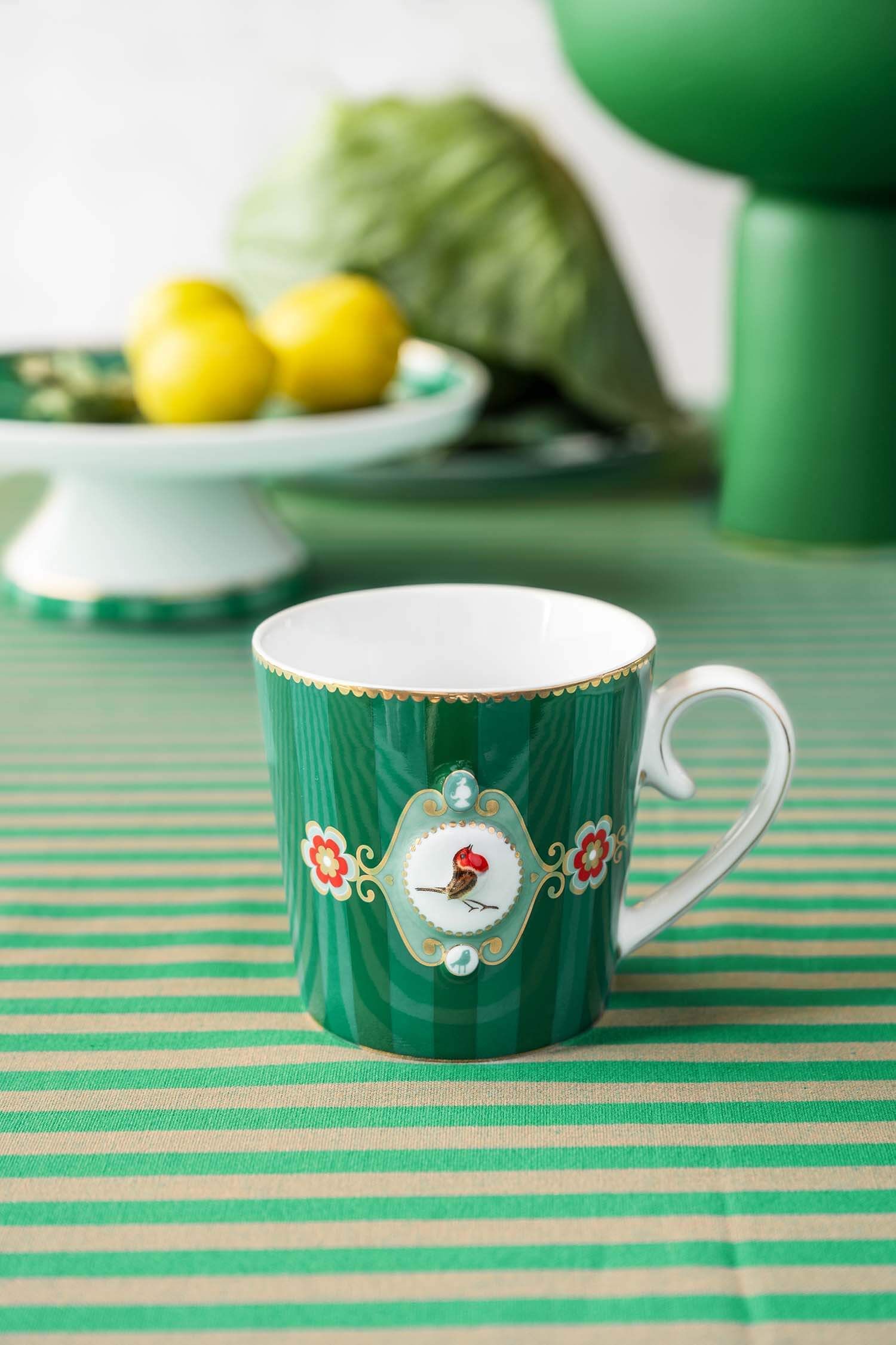 Set/2 Tasses Grande Love Birds Medallion Rayures Emerald-Vert