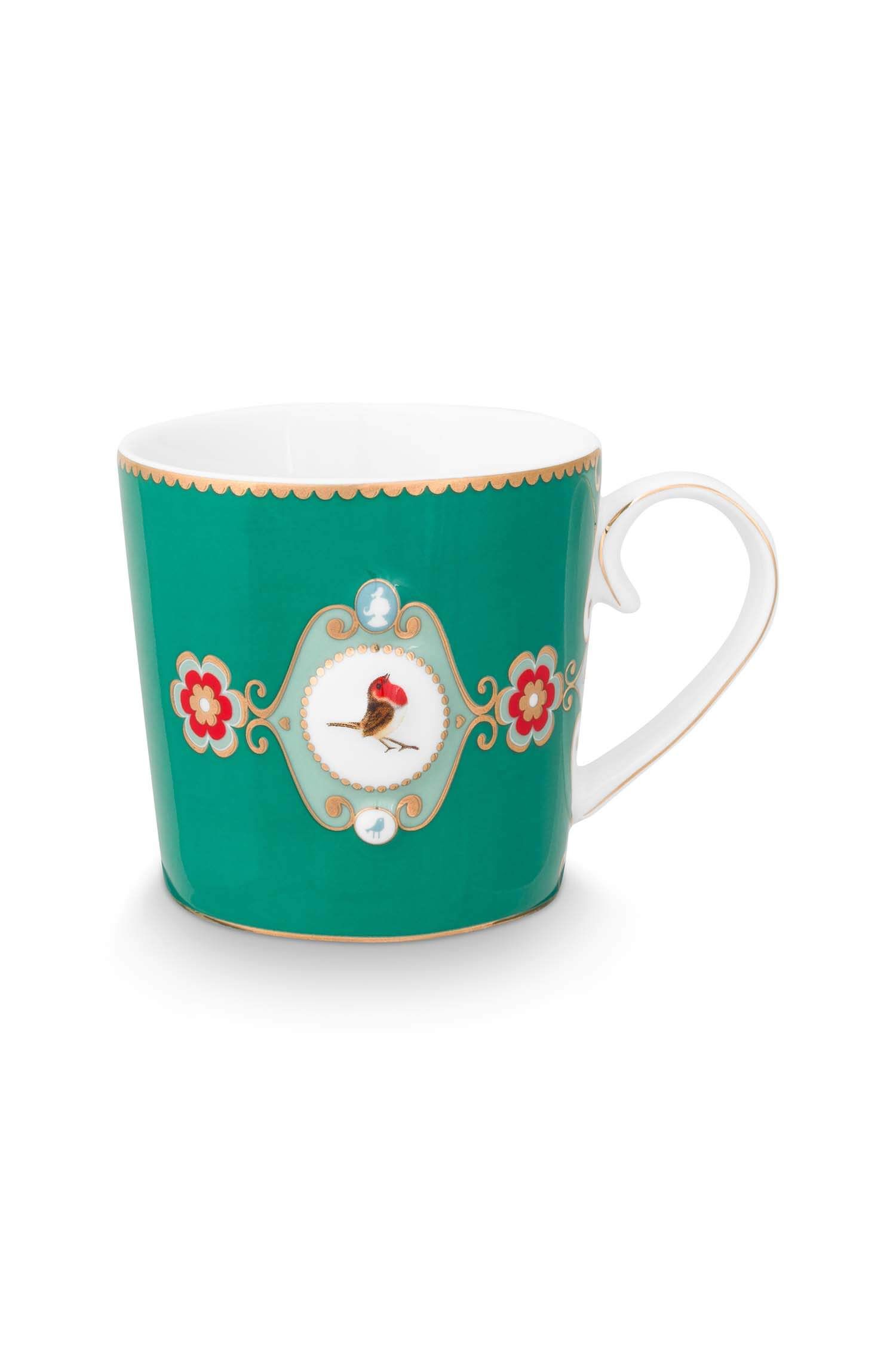 Set/2 Mugs Small Love Birds Medallion Emerald