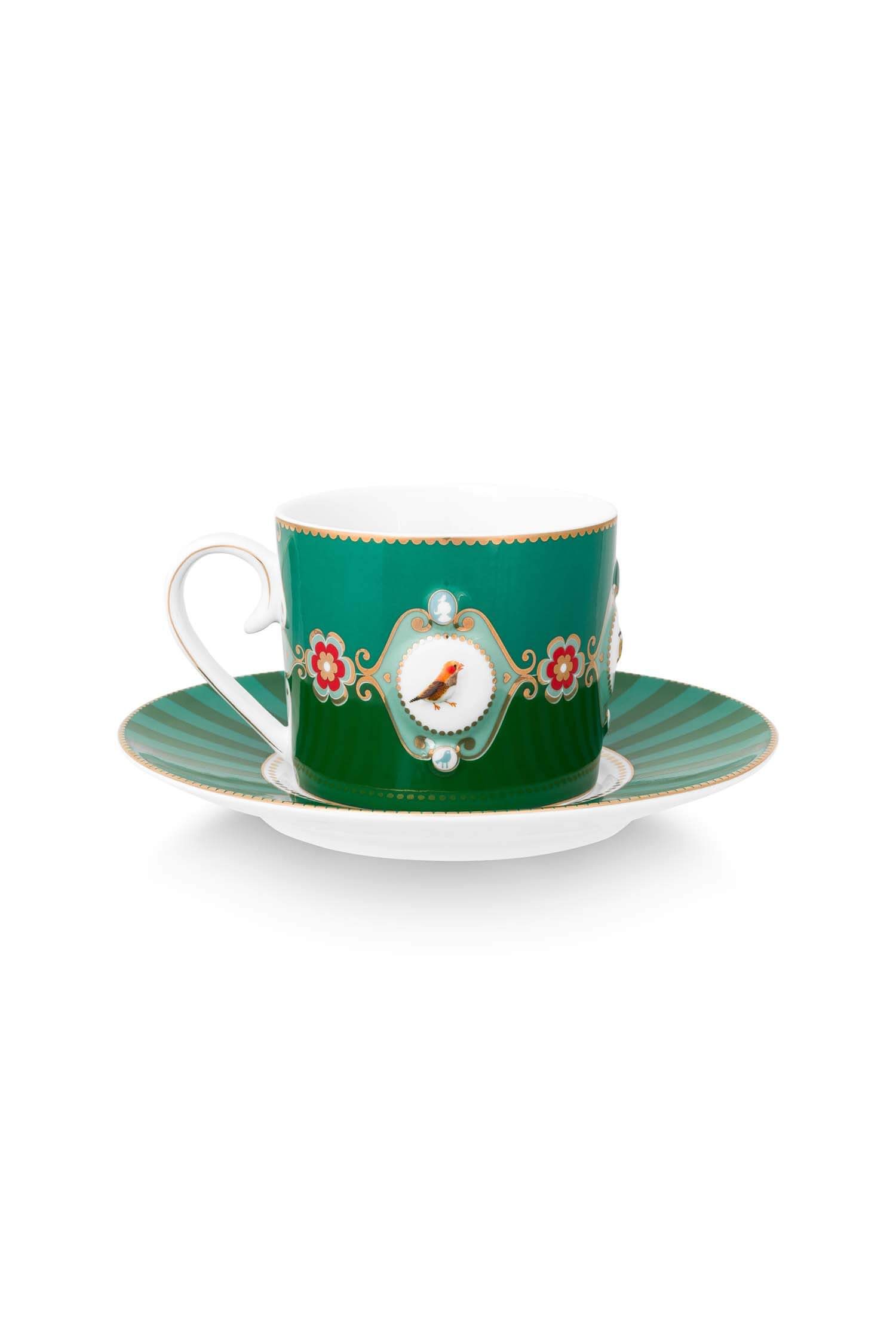 Set/2 Cups & Saucers Love Birds Medallion Emerald-Green