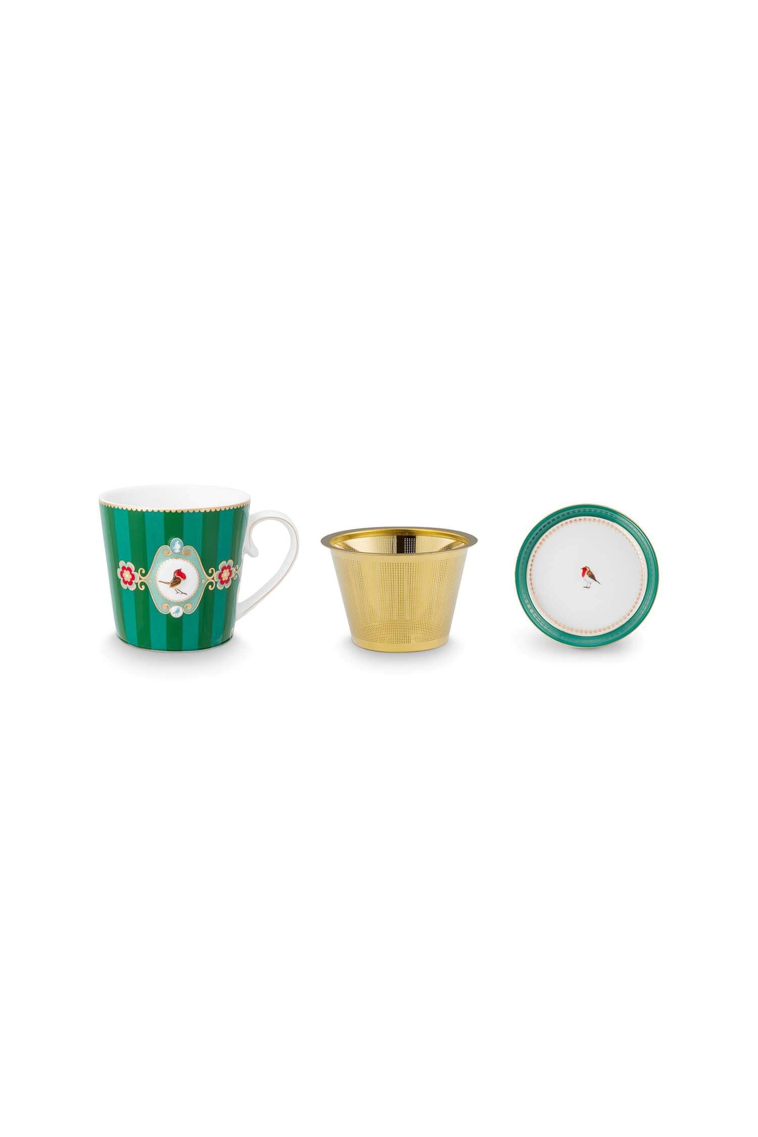 Tea for One Love Birds Medallion Stripes Emerald-Green