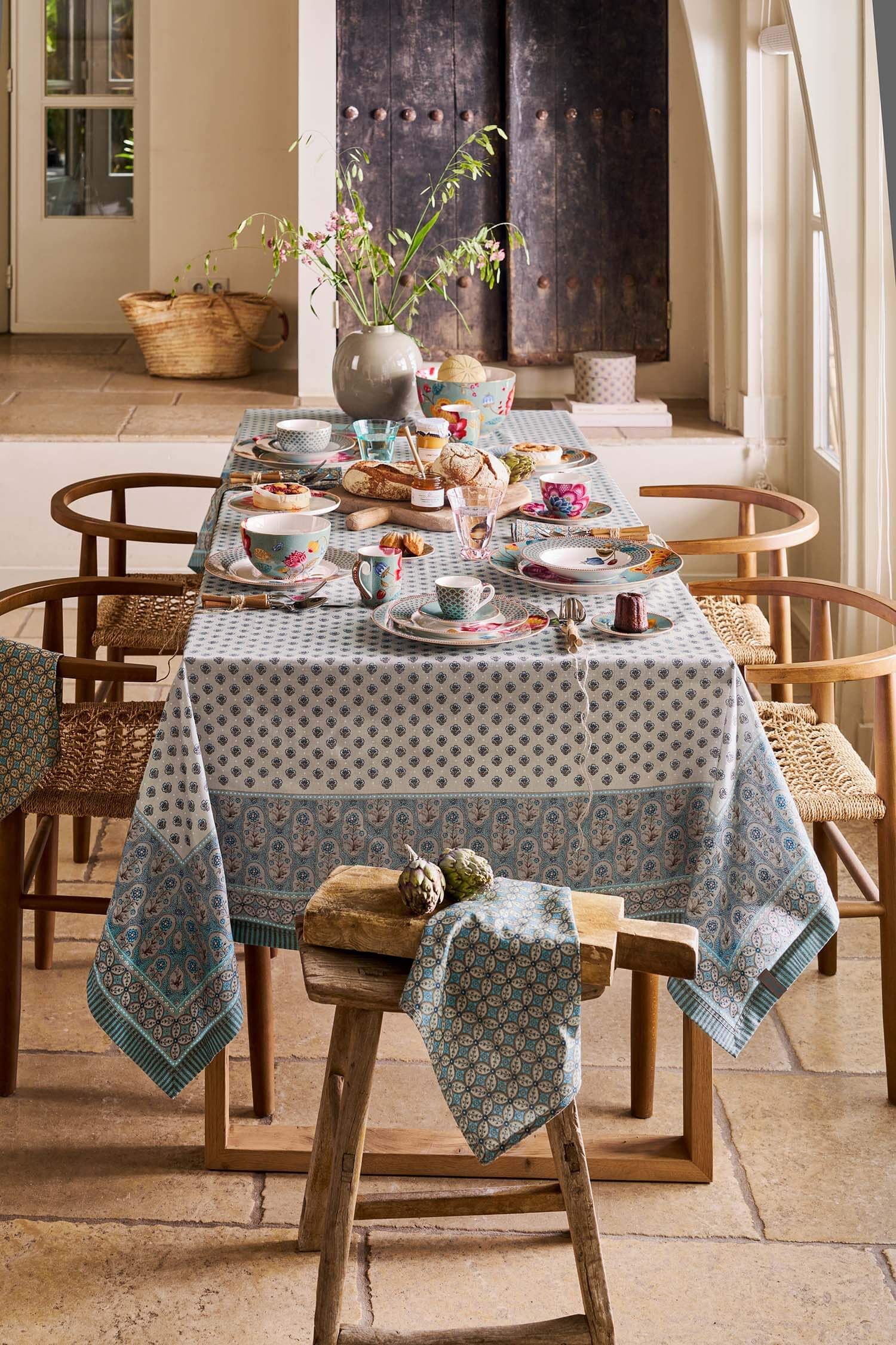 Table Cloth Blooming Tales Khaki-Blue