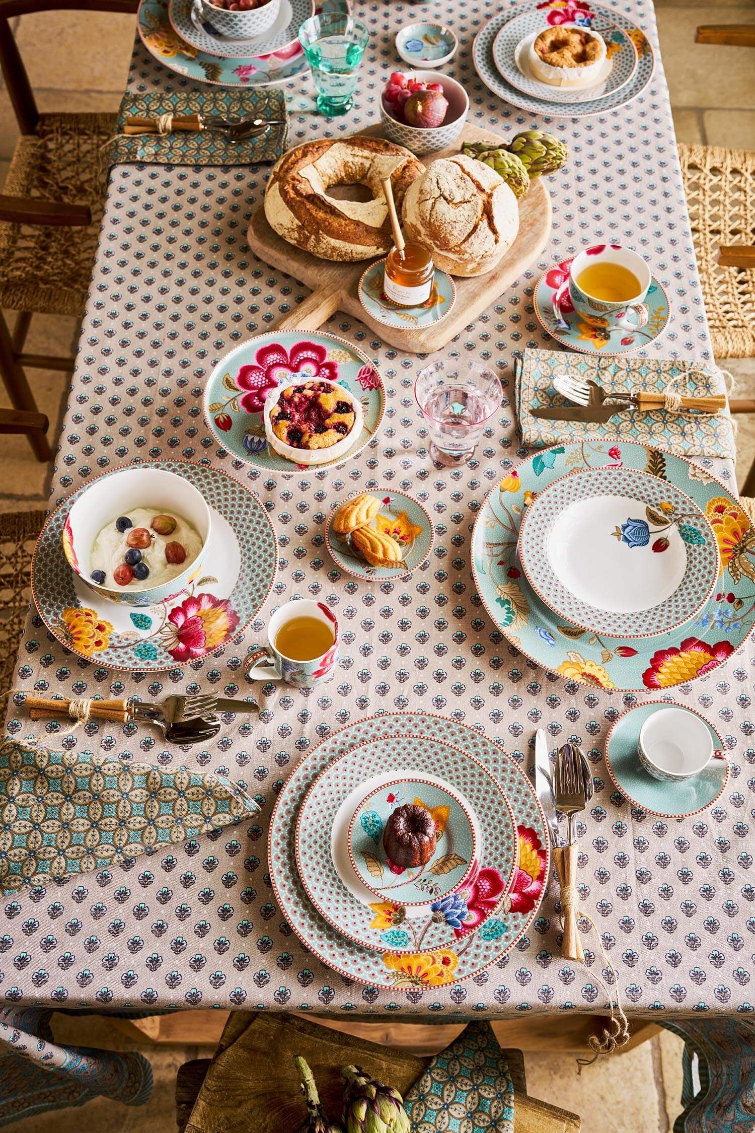 Table Cloth Blooming Tales Khaki-Blue