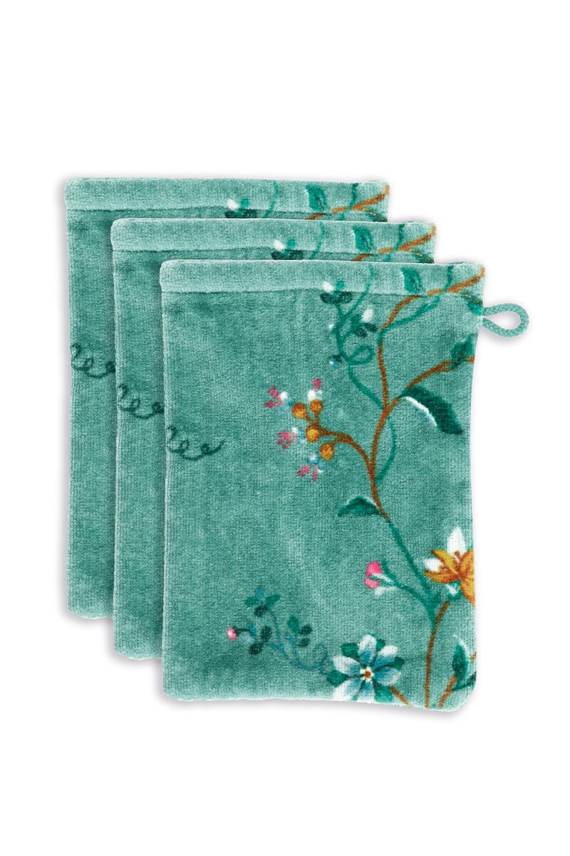 Lot de 3 Gants de Toilette Les Fleurs Vert 16x22 cm