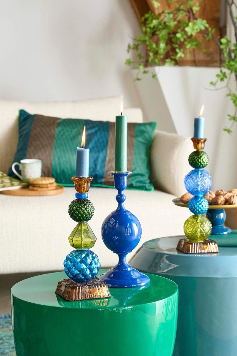 Kaarsenhouder Glas Bead Blauw/Groen 23.5cm
