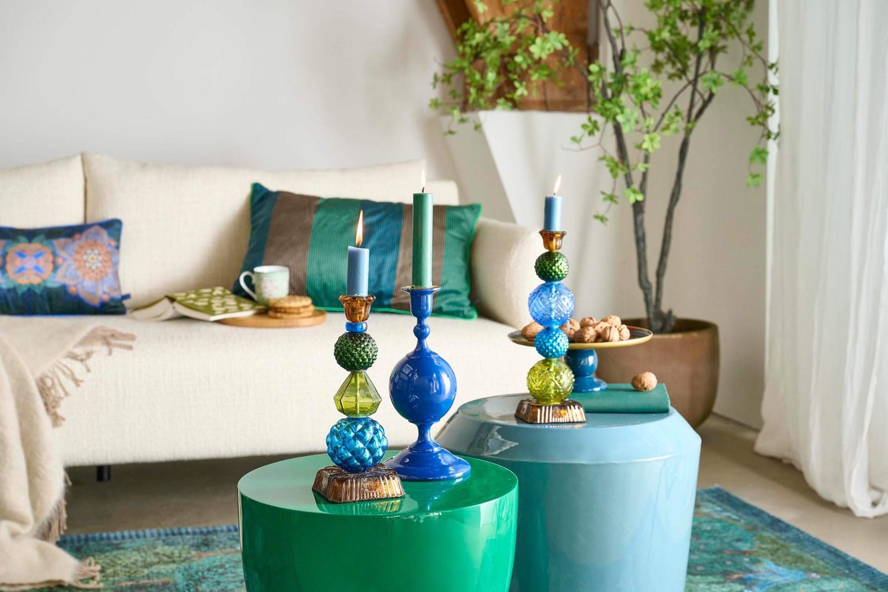 Kaarsenhouder Glas Bead Blauw/Groen 23.5cm