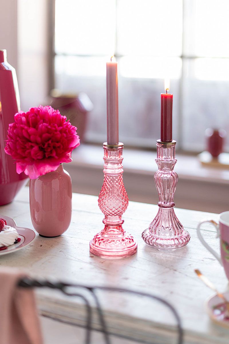 Set/2 Candle Holders Glass Pink