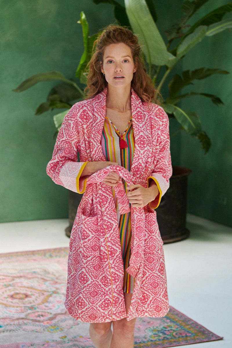 Badjas Jacquard Check Donkerroze