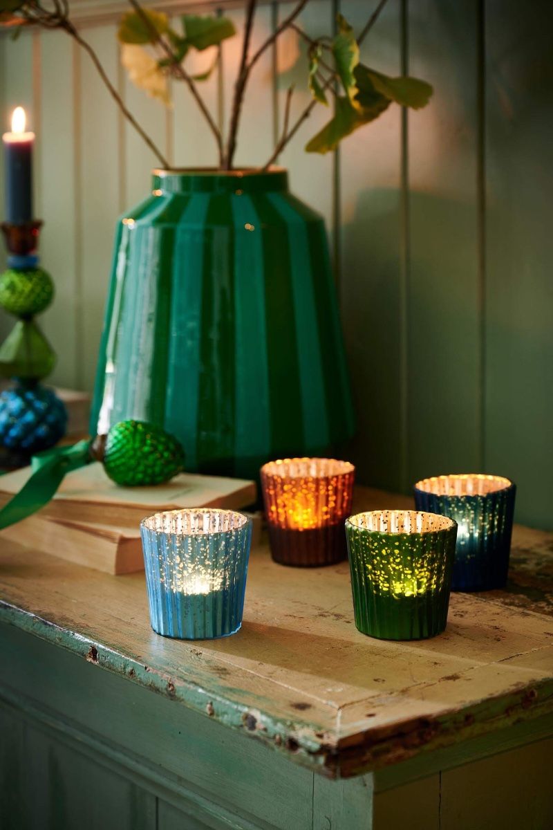 Set/4 Tea Light Candle Holder Glass Blue 7cm