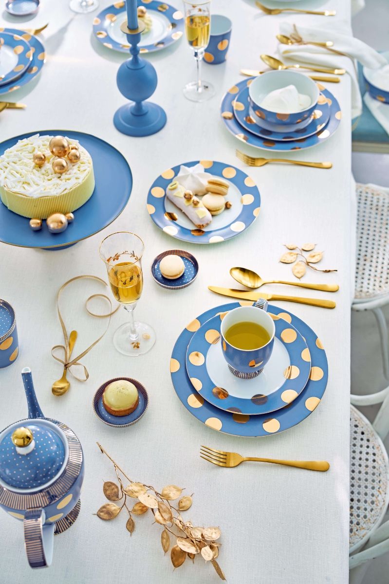 Set/2 Bowls Dot Delight Light Blue/Gold 20cm