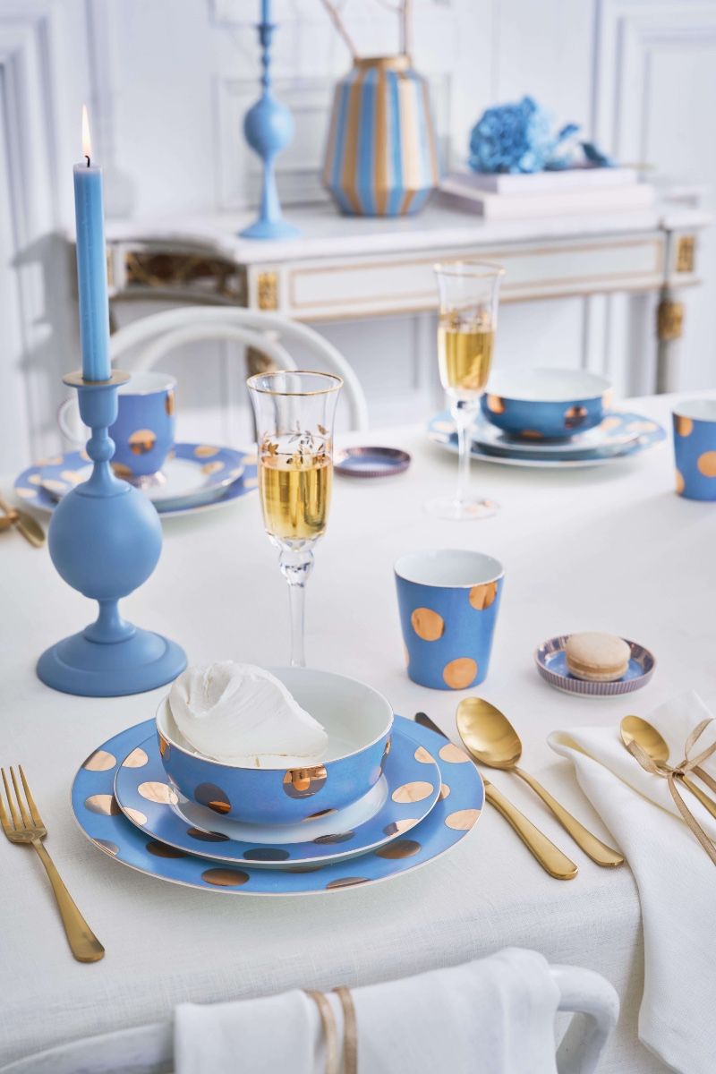 Set/2 Tasse sans Anse & Soucoupes à Thé Dot Delight Bleu Clair/Or 290ml