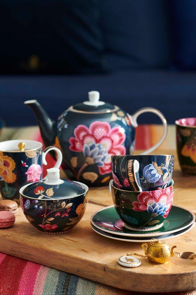 Floral Fantasy Cappuccino Cup & Saucer Denim Blue