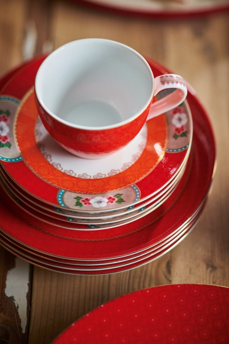 Blushing Birds Set of 2 Espresso Cups & Saucers Red