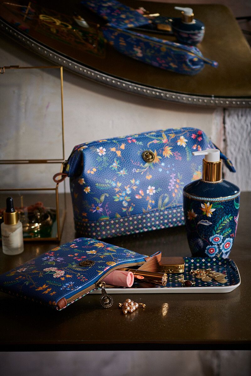Flaches Necessaire Klein Petites Fleurs/ Star Tile Dunkelblau
