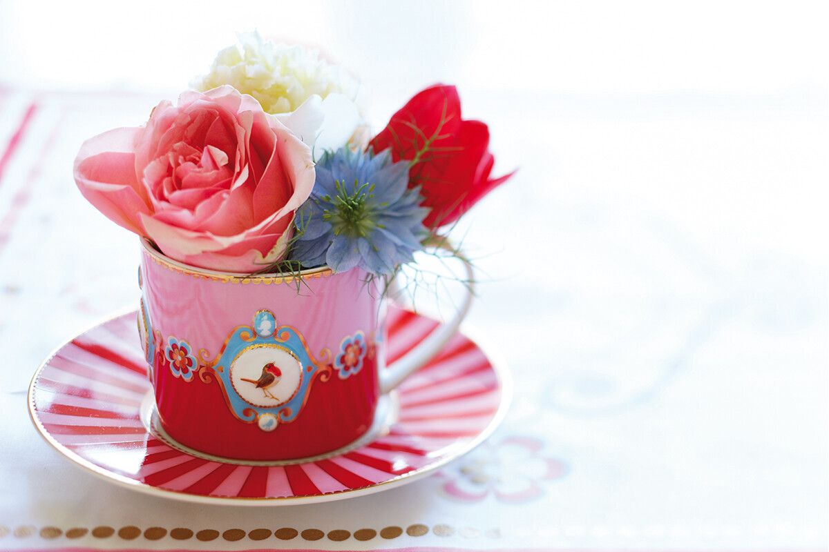 Love Birds Set/4 Tasse & Untertasse Rot/Rosa