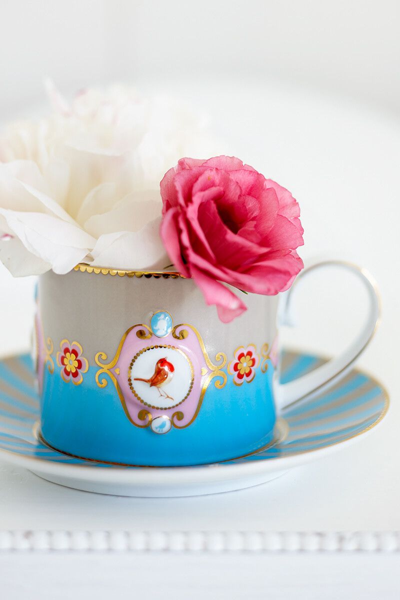 Love Birds Set/4 Tasse & Untertasse Blau/Khaki