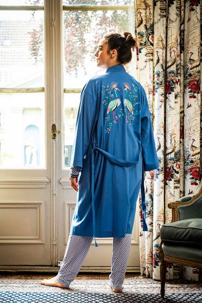 Kimono Flirting Birds Embroidery Blauw Plus Size