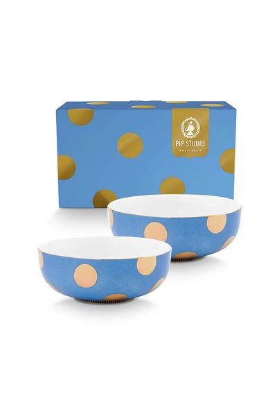 Set/2 Kommen Dot Delight Lichtblauw/Goud 15cm