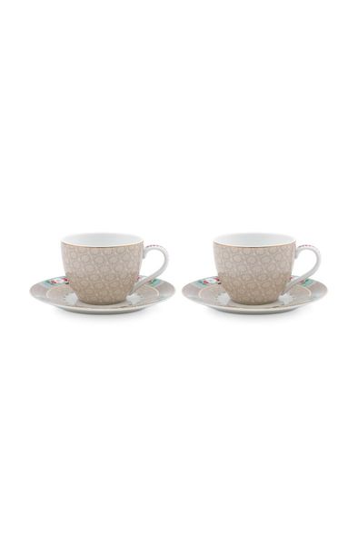 Blushing Birds Set of 2 Espresso Cups & Saucers Khaki
