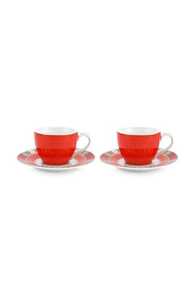 Blushing Birds Set of 2 Espresso Cups & Saucers Red