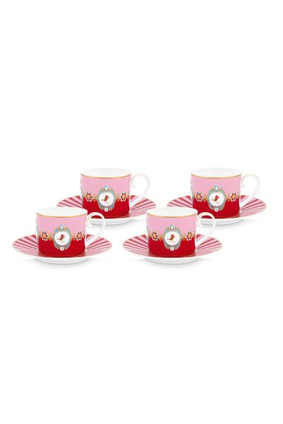Love Birds Set/4 Cups & Saucers Red/Pink