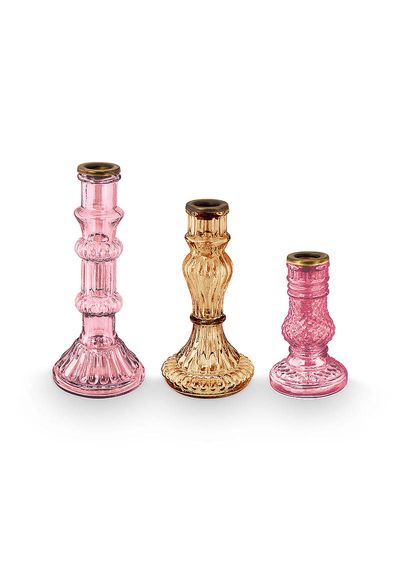 Set/3 Candle Holders Glass Pink