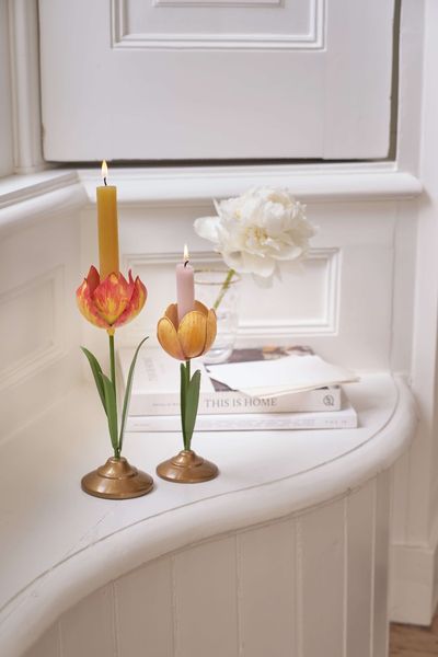Set/2 Tulp Kandelaars Metaal Geel