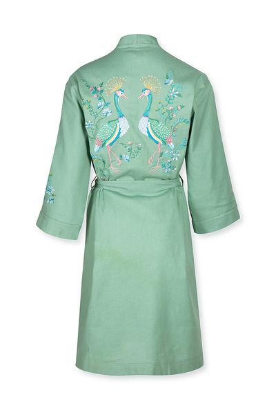 Kimono Flirting Birds Embroidery Green