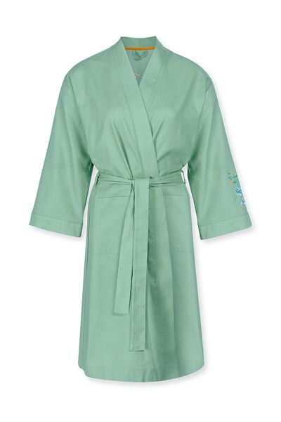 Kimono Flirting Birds Embroidery Green