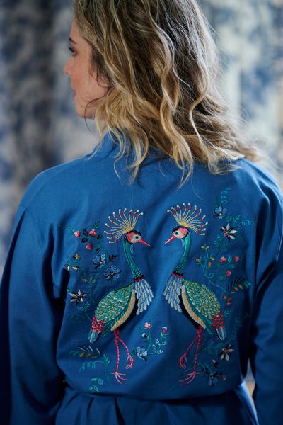 Kimono Flirting Birds Embroidery Blauw