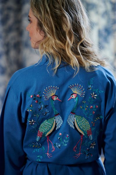 Kimono Flirting Birds Embroidery Blue