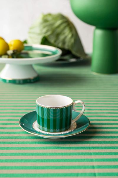 Set/2 Espresso Cups & Saucers Love Birds Stripes Emerald-Green
