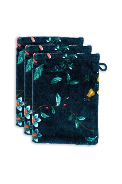 Lot de 3 Gants de Toilette Les Fleurs Bleu Foncé 16x22 cm