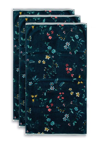 Badhanddoek Set/3 Les Fleurs Donkerblauw 55x100 cm