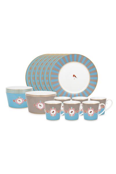 Love Birds Dinner Set/24 Blue/Khaki